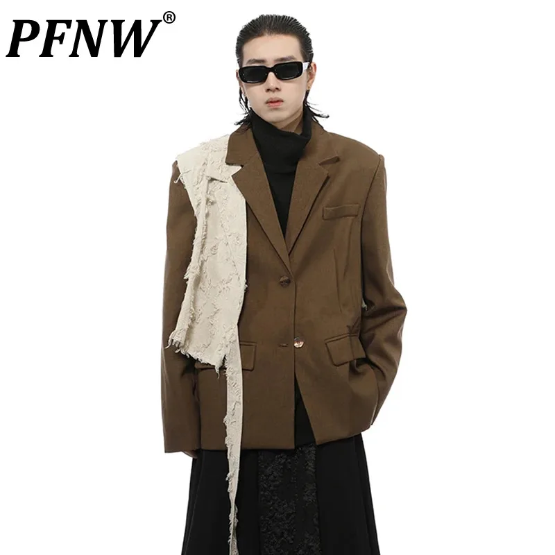 

PFNW Ripped Patchwork Men's Suit Jackets American Stylish Niche Design Dark Wear Male Blazer Coats 2023 Autumn Chic New 28W2274