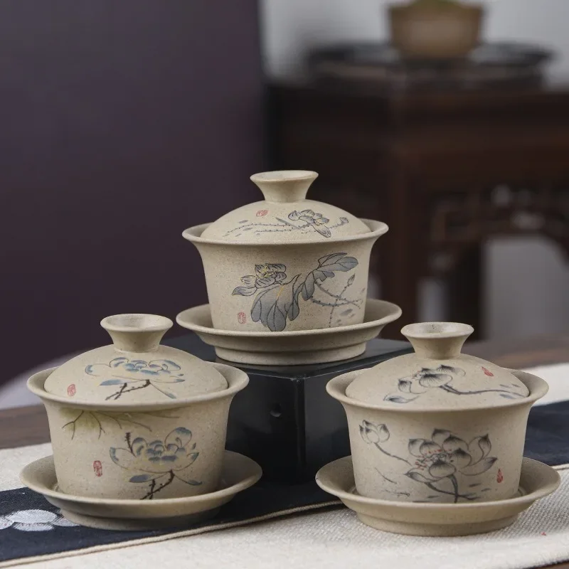 Jingdezhen Ceramic Gaiwan Bowl Chinese Style Stoneware Retro Tea Set Handmade Bubble Tea Bowl Travel Cup 150ml