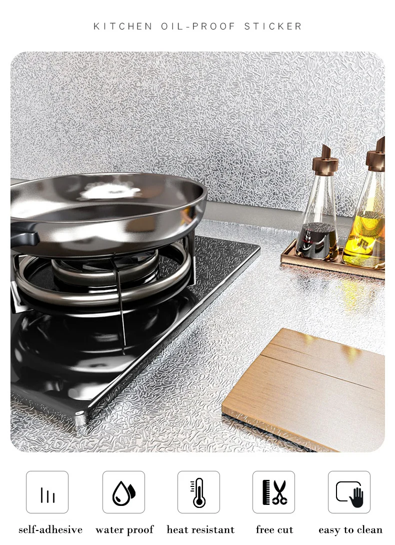 Moderne Küchen-Ölbeständige Selbstklebende Aufkleber Antihaft-Hochtemperatur-Aluminiumfolie Gasherd-Schrank Kontakt-Tapete – Detail 1