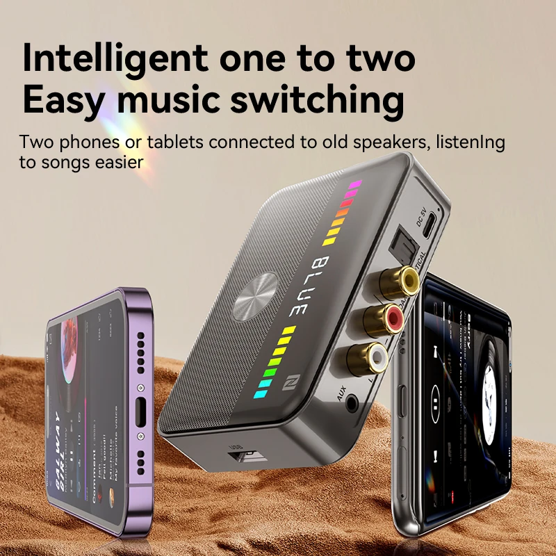 VAORLO NFC Bluetooth 5.3 오디오 수신기 송신기 RGB 다채로운 빛 USB 3.5MM AUX RCA 동축 광 DAC 변환기 PC TV 차량용 스피커 헤드폰 용 HIFI 블루투스 무선 어댑터