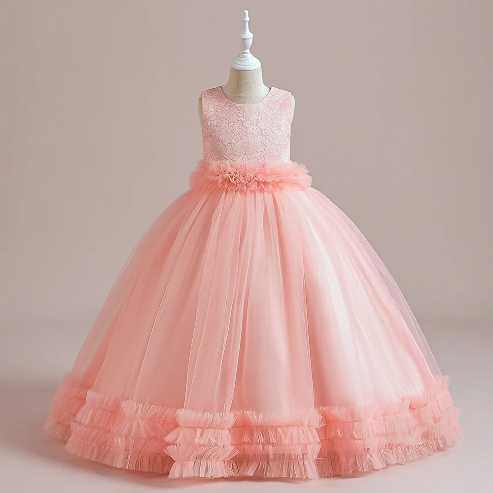 

Pink Lace Sleeveless Flower Girls Maxi Dress Tulle Long Puffy Bridesmaid Wedding Pageant Party Gown 4-14 Age