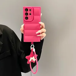 Pentagram Wristband Lanyard Down Jacket Leather Case with 3D Bowknot Cover - Galaxy S25 Ultra (RoseRed)