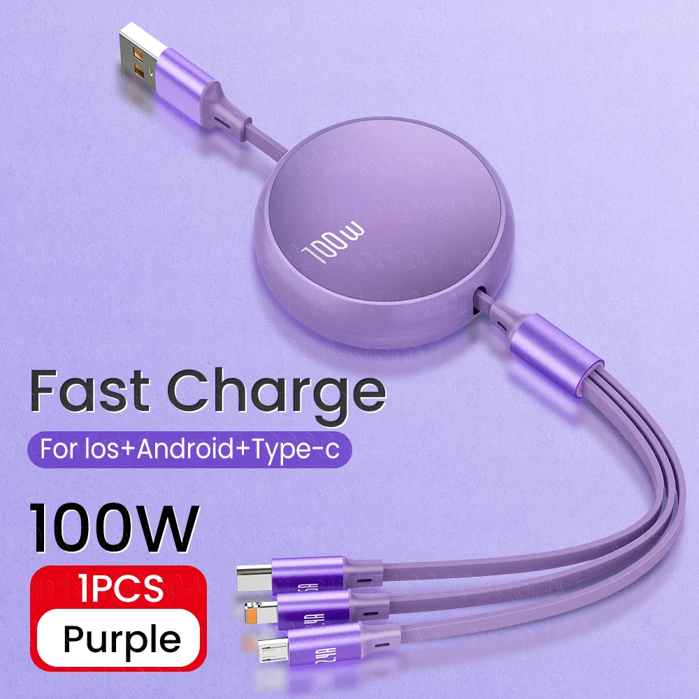 

6A 100W Data Cable 3 in1 Fast USB Cable Retractable Portable Charging Line Micro USB Type C Charger Cable For Iphine/Samsung