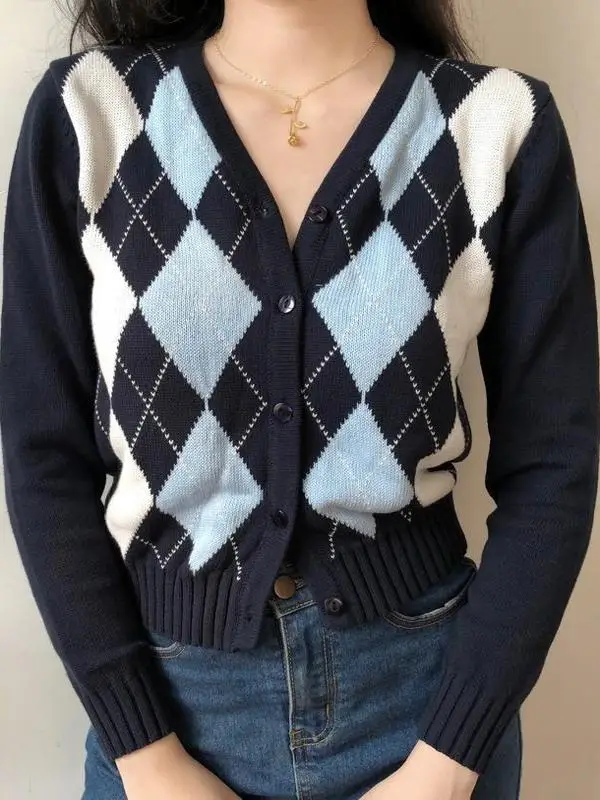 American Retro V-Ne Diamond id Long Sve ort Knitted Cardigan Women's Sweater Coat Early Autumn New Single Button Sle