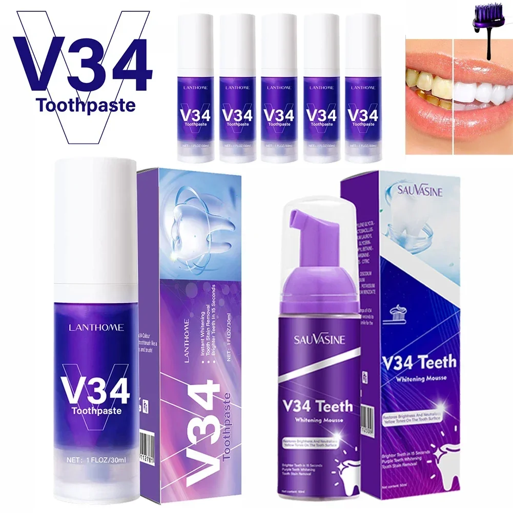 V34 Colour Corrector Teeth Whitening Toothpaste Oral Cleaning Repair Fresh Breath Remove Stain Adult Oral Care Ingredient Safety