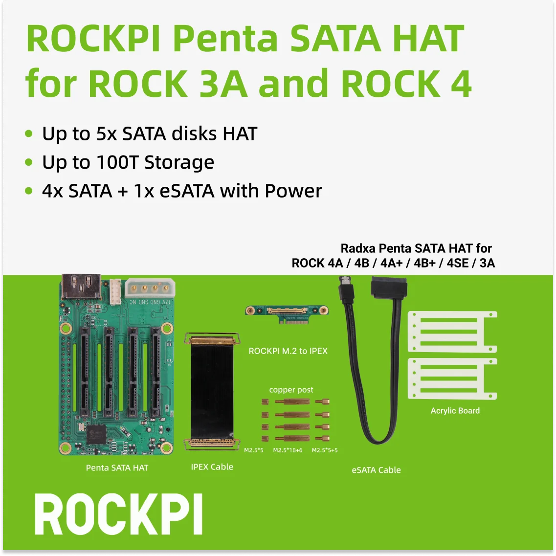 ROCKPI Penta SATA HAT Up to 5x SATA disks HAT for Raspberry Pi 5 and ROCK Pi SBCs 3C 5A 4A / 4B / 4SE 4A+ 4B+ 3A raspberry pi expansion board