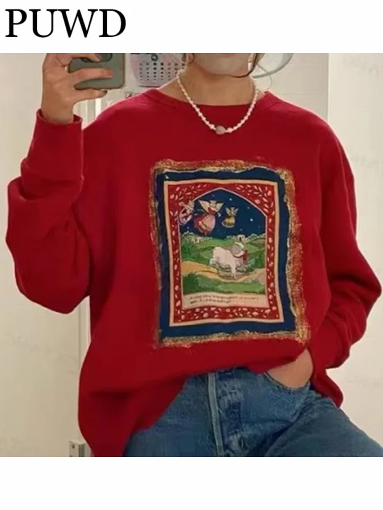 

PUWD Casual Women Red O Neck Hoodies 2022 Spring Autumn Fashion Ladies Casual Female Knitted Long Sleeves Sweaters