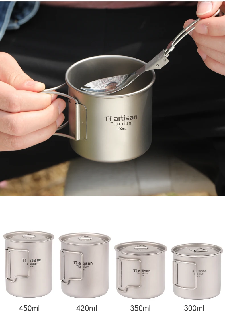 Tiartisan Camping Water Cup combination 200ml-750ml Ultralight Titanium Cup Mug Pot Foldable Handle with Lid and Stuff Sack