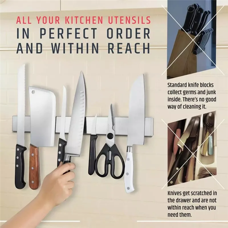 Stainless Steel Knife Stand Strip Organizer Strong Magnetic Knife Holder Wall Mount Kitchen Bar Storage Kitchen Accessories 3