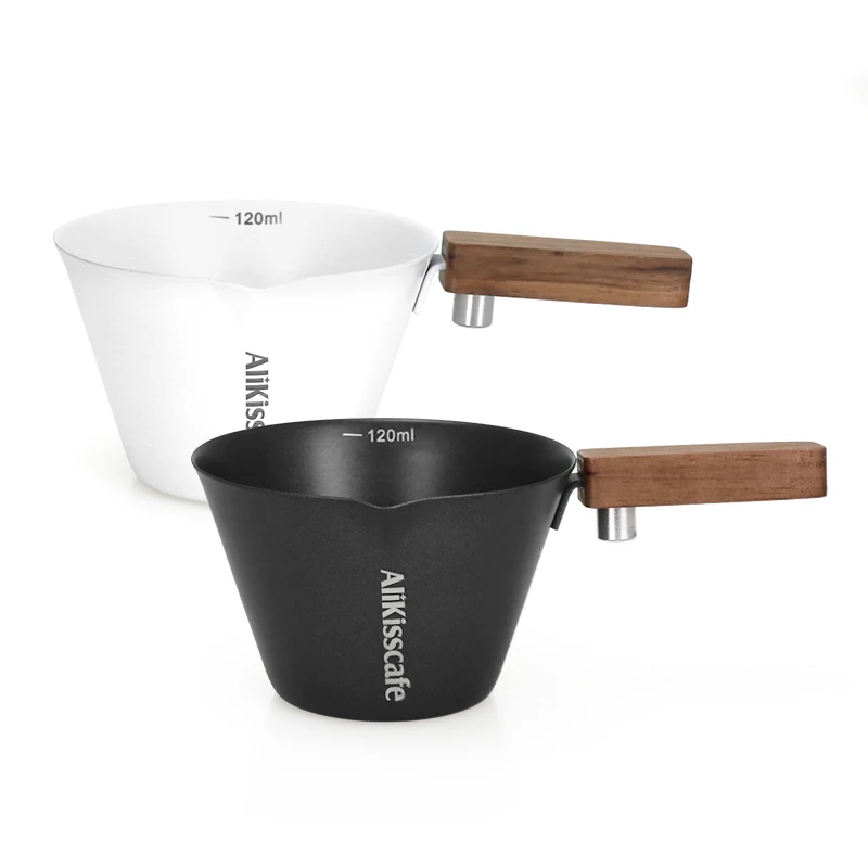 Elegant Stainless Steel Espresso Pouring Cup with Wood Handle & Precise Scale - 120ml