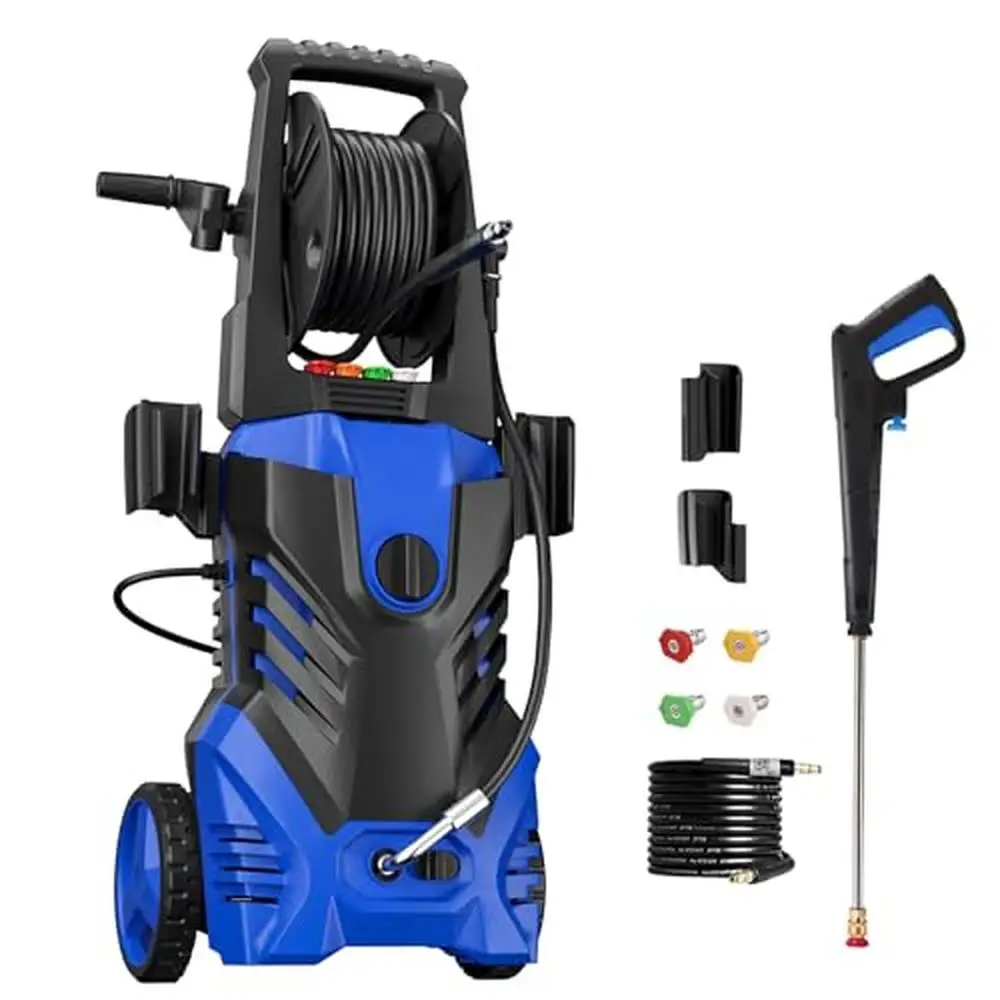 

Powerful Electric Pressure Washer 4000 PSI 2.6 GPM with Hose Reel 4 Quick Connect Nozzles Soap Tank Lightweight & Efficient