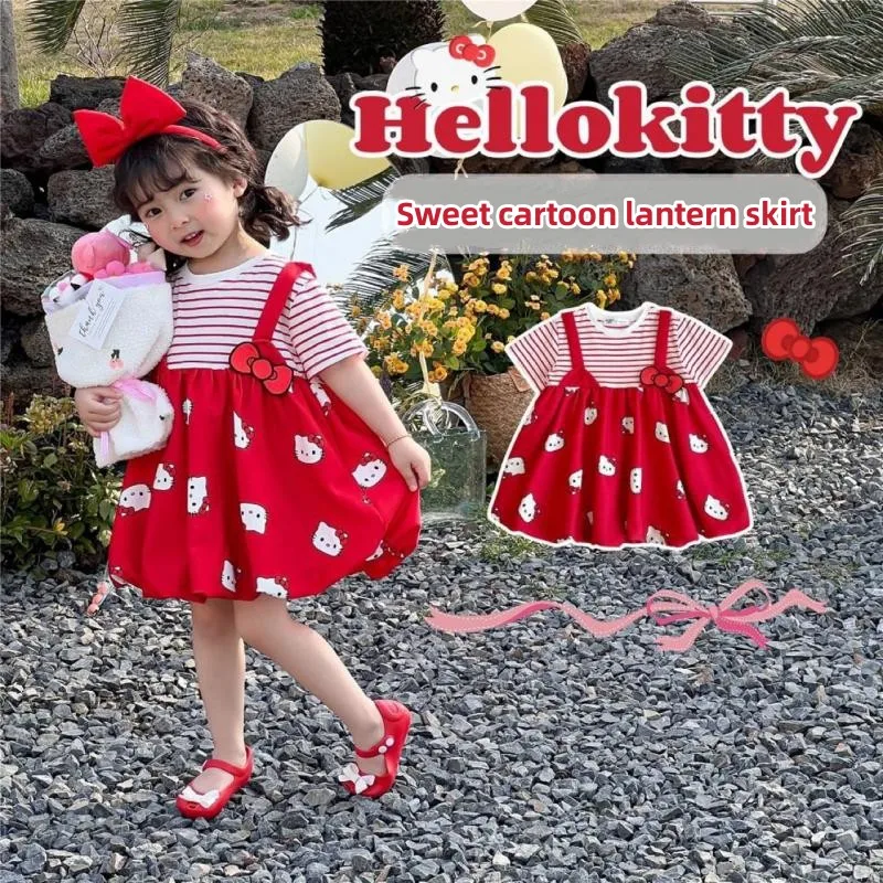 

Кавайная юбка-фонарик для девочек из аниме «Hello Kitty» Sanrio, Новинка лета 2024, подходящее ко всему платье из двух частей с круглым вырезом и короткими рукавами
