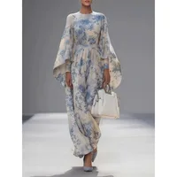 2026 Women's Sky Blue Flower Print Long Dresses Spring Autumn Loose Fit Batwing Sleeve High Waist O Neck Elegant Dress 196197
