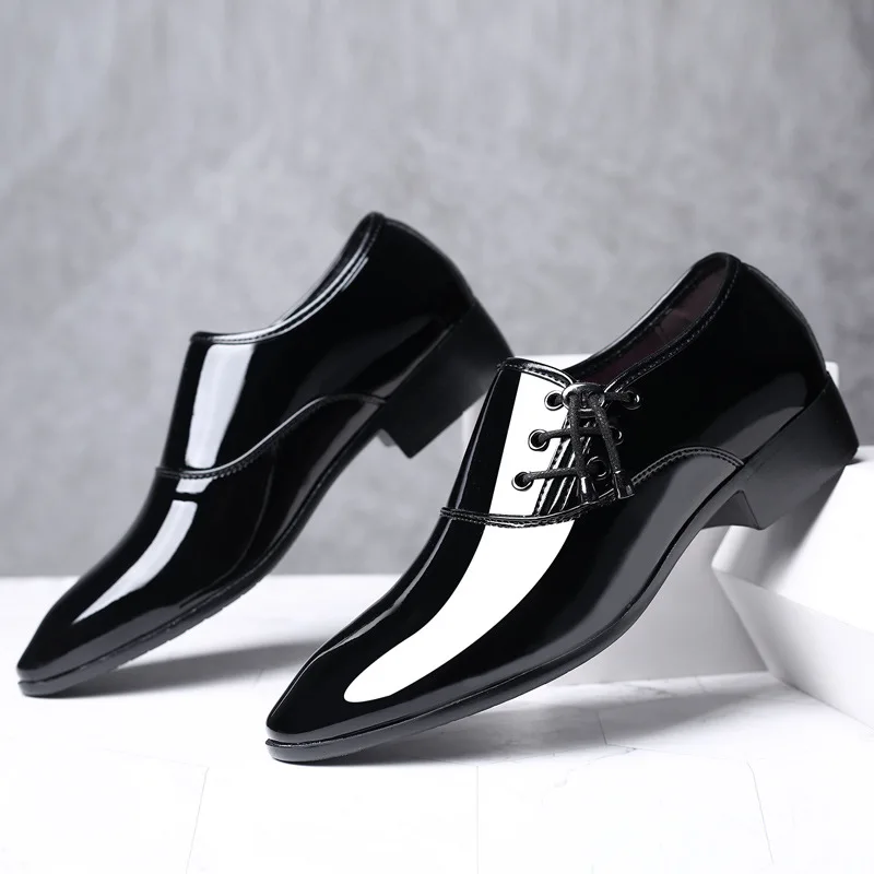 

Trending Classic Men Dress Shoes for Men Oxfords Patent Leather Shoes Lace Up Formal Black Leather Wedding Party Shoes GOOHOJIO