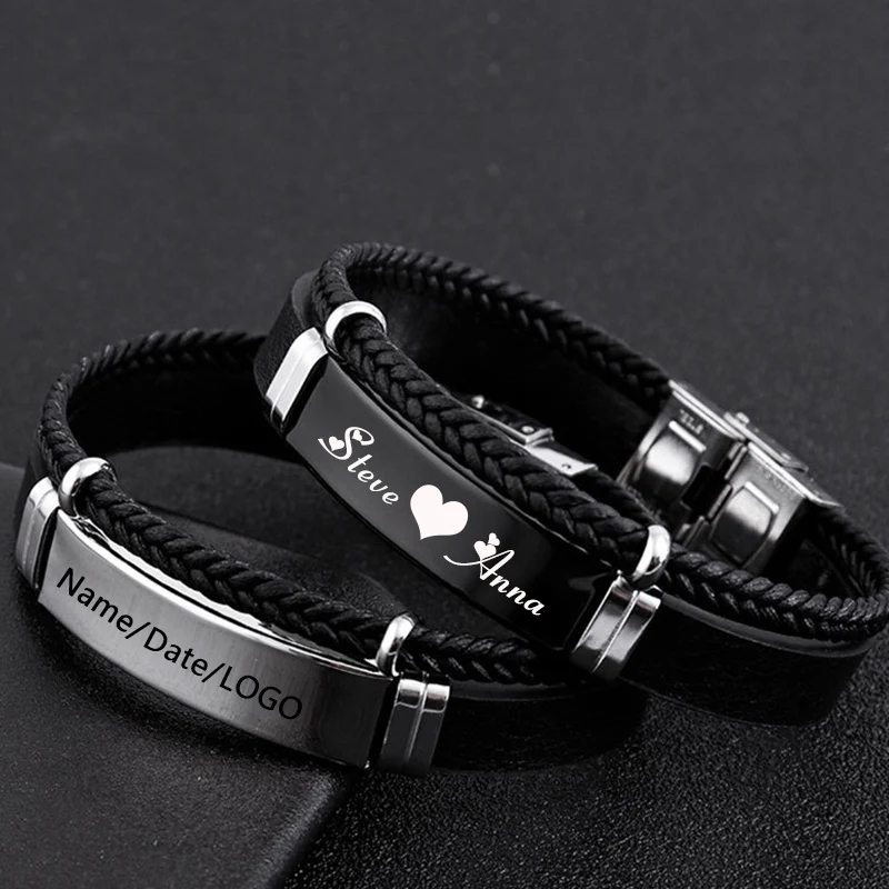 Multi Layer Leather Bracelets for Men Women Customizable Engraving Stainless Steel Casual Personalized Bangle Charm Jewelry Gift