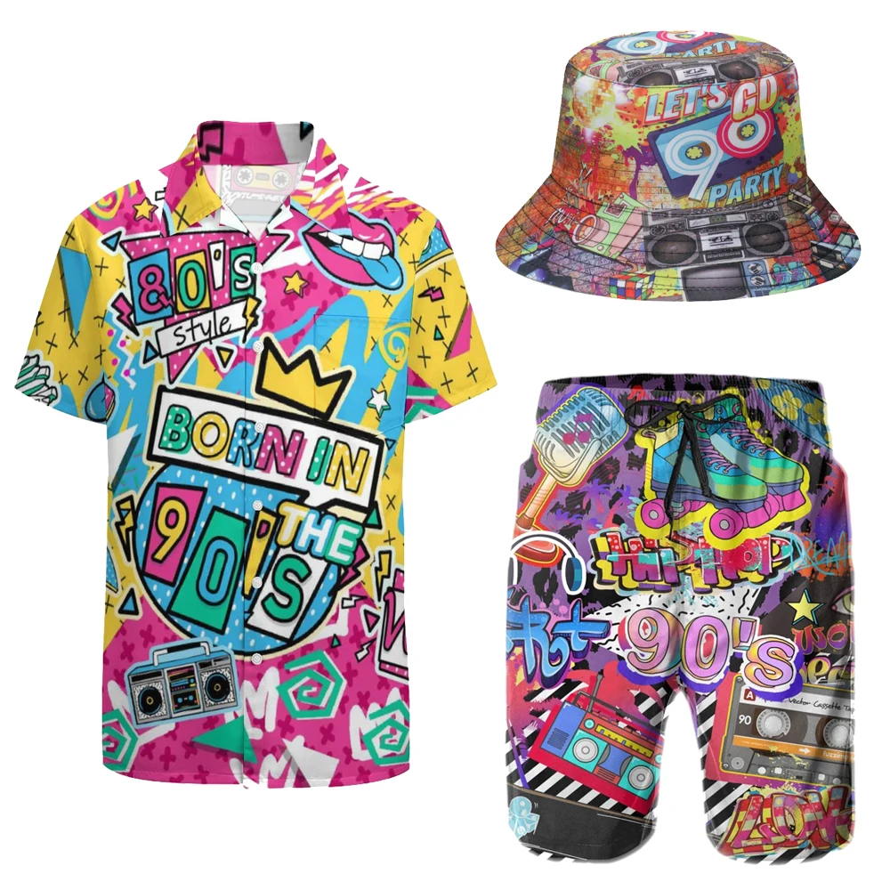Disco Cosplay 80s 90s Outfit Tracksuit Adult Retro Shirts and Shorts Set with Bucket Hat Halloween Carnival Party Suit