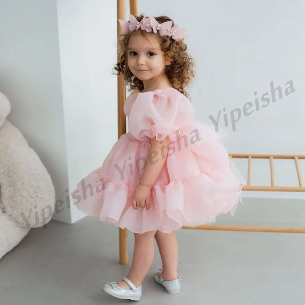 Cute Baby Girl Organza Flower  Dress Princess Party Gown Short Sleeves O Neck Puffy Birthday Communion Dresses for Christmas