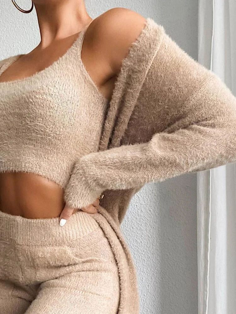 Casual Fleece Knitted Cardigan and Pants Set