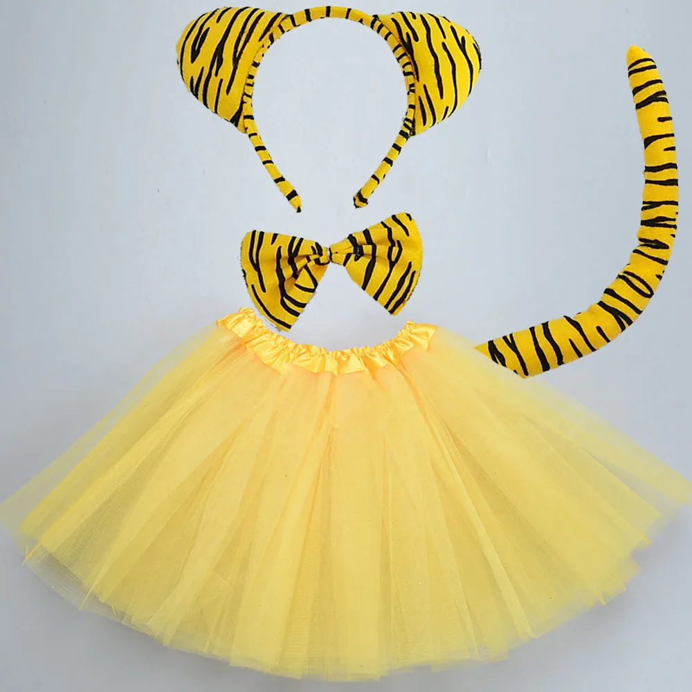 Women Girl Kids Animal Ear Headband Tail Tie Skirt Tutu Jungle Tiger Party Props Birthday Halloween Costume Cosplay