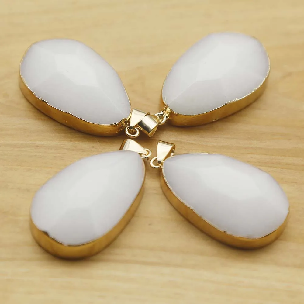 New Natural Stone White Jade Drop Pendant Gold Edge Charm Earrings Necklace DIY Jewelry Accessories Wholesale 6Pcs free shipping