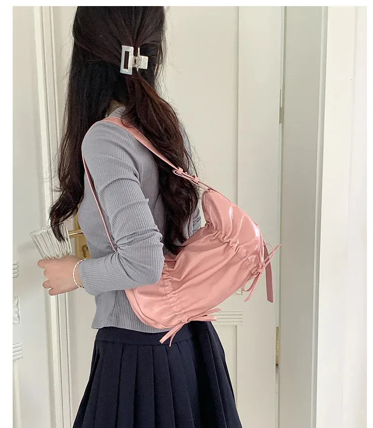 Chic Designed Draw String Shoulder Bags For Women 2024 Solid Simple PU Underarm Bag New Summer Office Lady Totes Bolsa Mujer