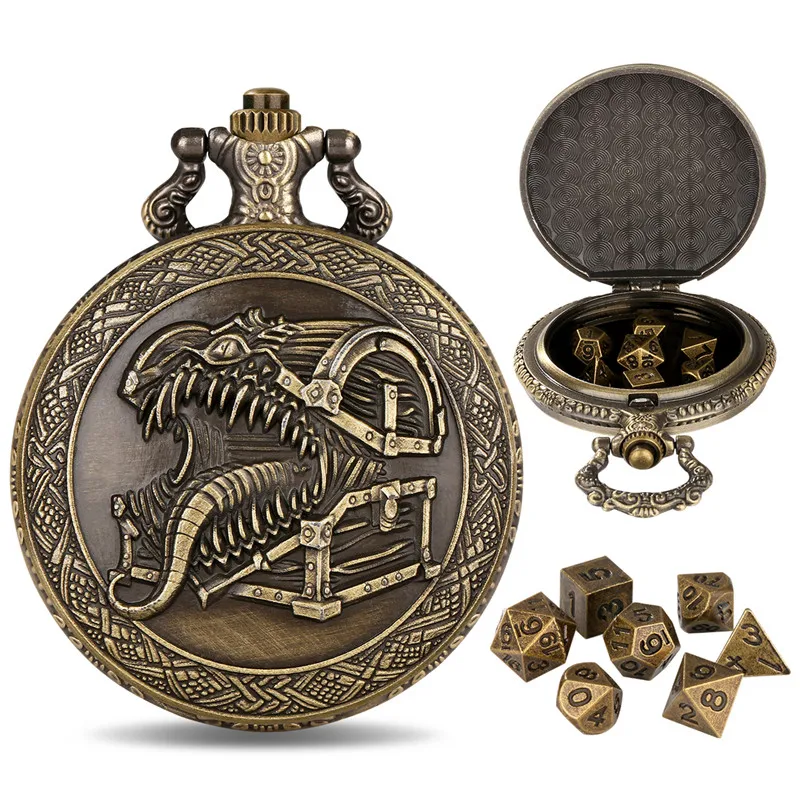 Steampunk Zungen-Schatzkasten Taschenuhr-Leergehäuse Anhängerkette mit 7 x Mini-Metall-Polyeder-Würfeln für Rollenspiele – Detail 2
