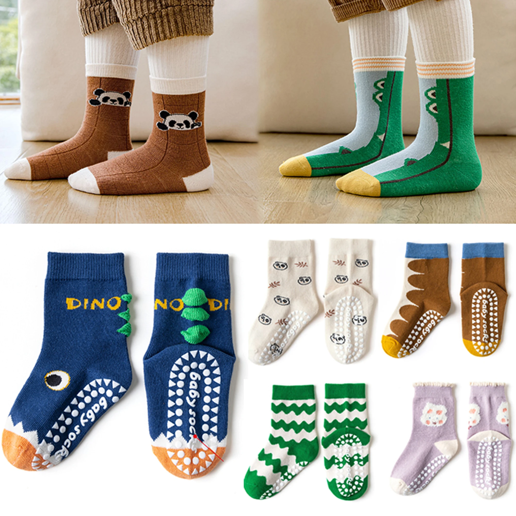 5 Pairs Children's Cotton Socks 1-12Ys Mid-tube Dispensing Floor Socks Playground Non-slip Socks Trampoline Socks Toddler Socks