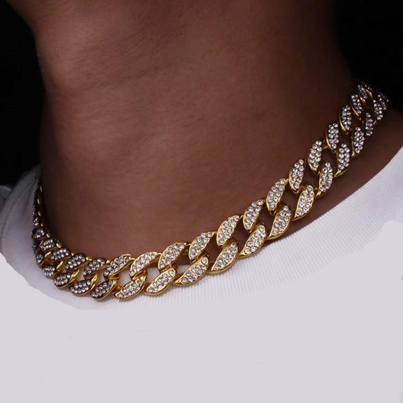 

European and American hip-hop Cuban chain 15mm wide full diamond necklace men and women personality trend street clavicle chain