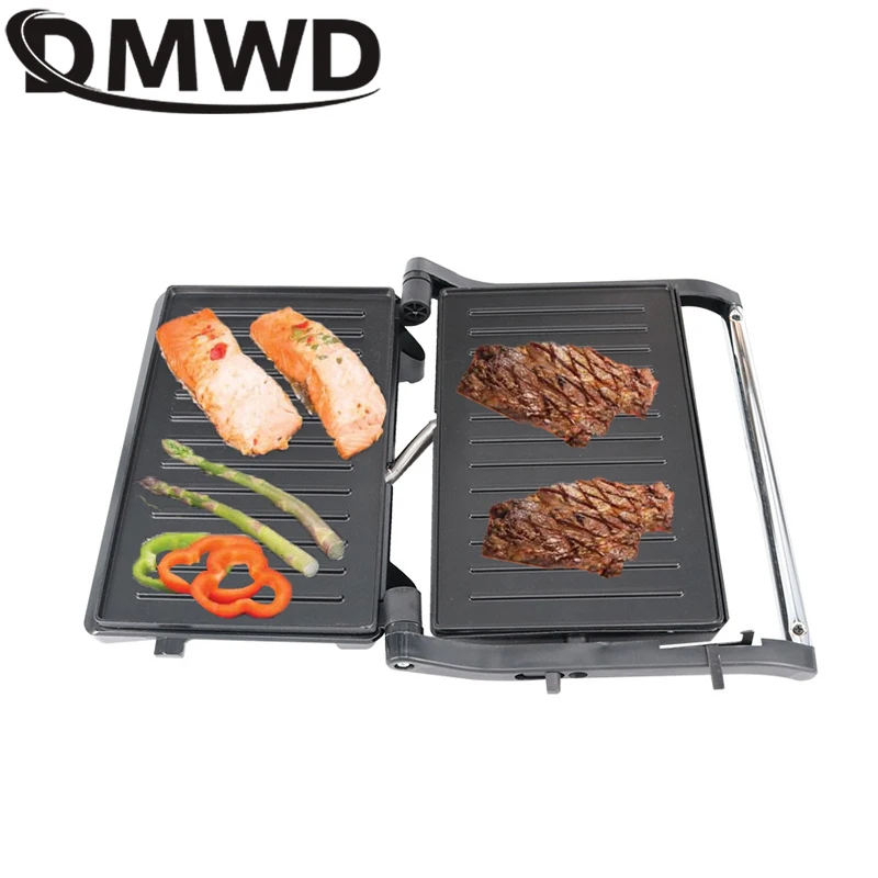 DMWD 110V/220V Sandwich Maker Breakfast Machine Barbecue Roast Intestinal Hamburger Panini Machine Steak Frying Pan Eggs Cooker