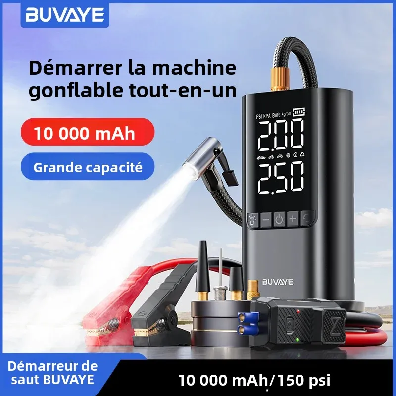 BUVAYE 10000mAh démarreur de saut 12V démarreur de batterie de voiture avec compresseur d'air 150PSI gonfleur de pneu boîte de saut Portable pour pneu de véhicule