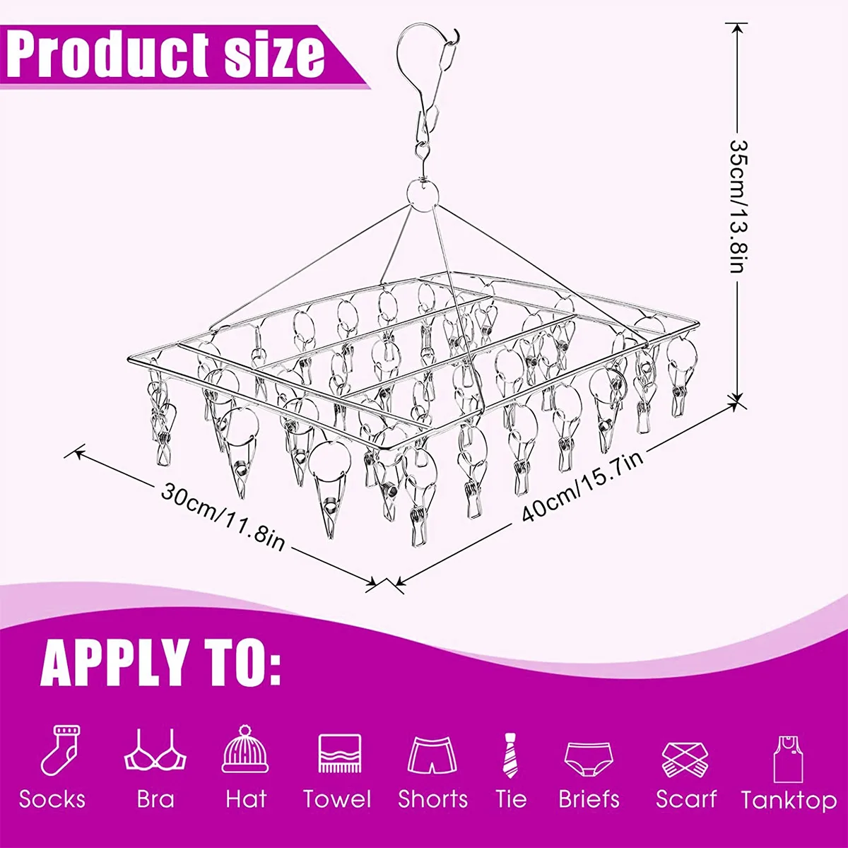 Sock Drying Rack with 36 Pegs Stainless Steel Sock Hanging Rack Swivel Wind-proof Laundry Drip Hanger Foldable Sock Hanger 6