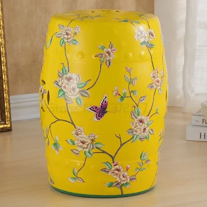 Ceramic Side Table Durable Drum Stool Hand painted Floral and Bird Coffee Table Classic Vanity Seat Suitable for Dining Room