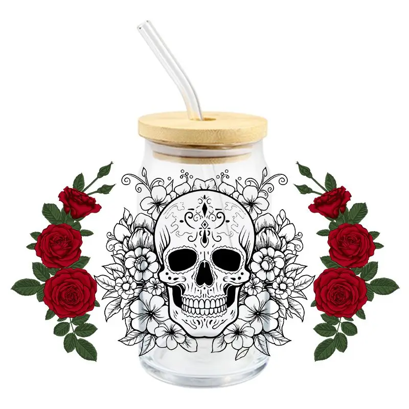 Cool Skull Head UV DTF Wrap Transfer Stickers 3D Cartoon Fashion Design DTF Wrap For Glasses Cups Mugs Waterproof Decal