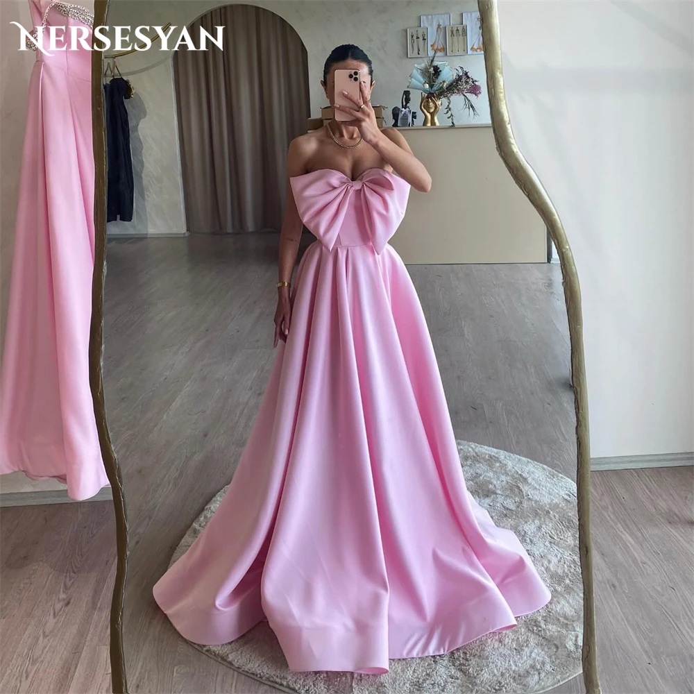 

Nersesyan Pink Elegant Formal Evening Dresses Off Shoulder A-Line Bow Sleeveless Prom Gowns Backless Pageant Cocktail Party