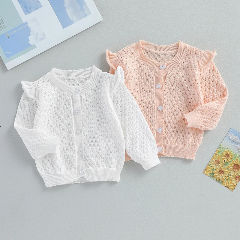 Toddler Baby Girls Hollow Out Cardigan Sweater - Cute Button Up Knit Jacket Long Sleeve Outerwear
