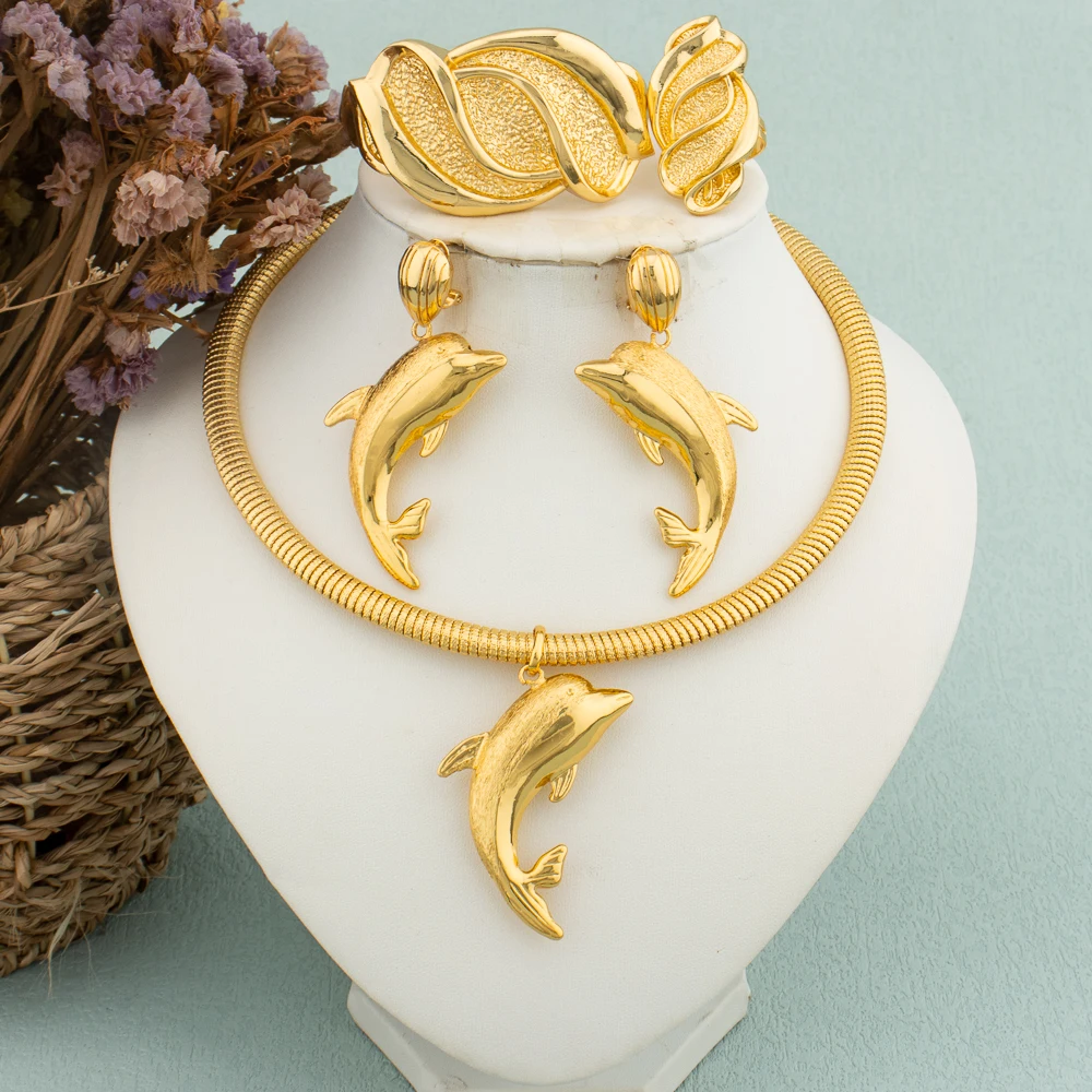 

Dolphin Earrings Necklace Jewelry Set for Women Creative Dubai Gold Color Pendant for Wedding Bride Clothing Accessories Jewelry