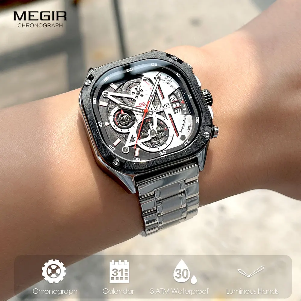 MEGIR Black Quartz Watch Men Waterproof Square Dial Wristwatch with Chronograph Stainless Steel Strap Luminous Hands Auto Date - 3