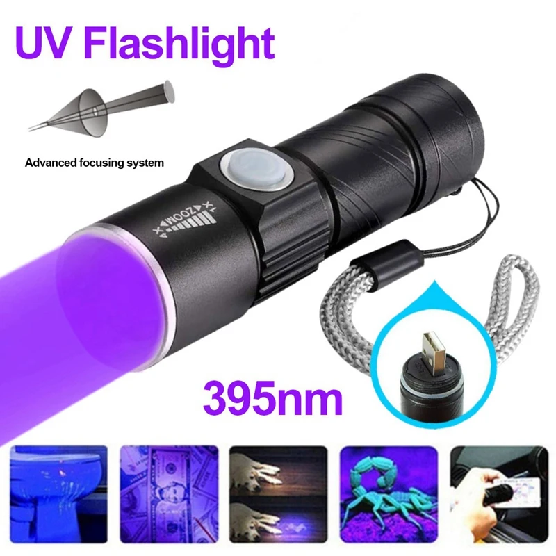 

395Nm UV Light Flashlight Blacklight USB Rechargeable LED Flashlight Waterproof Inspection Pet Urine Torch Lamp