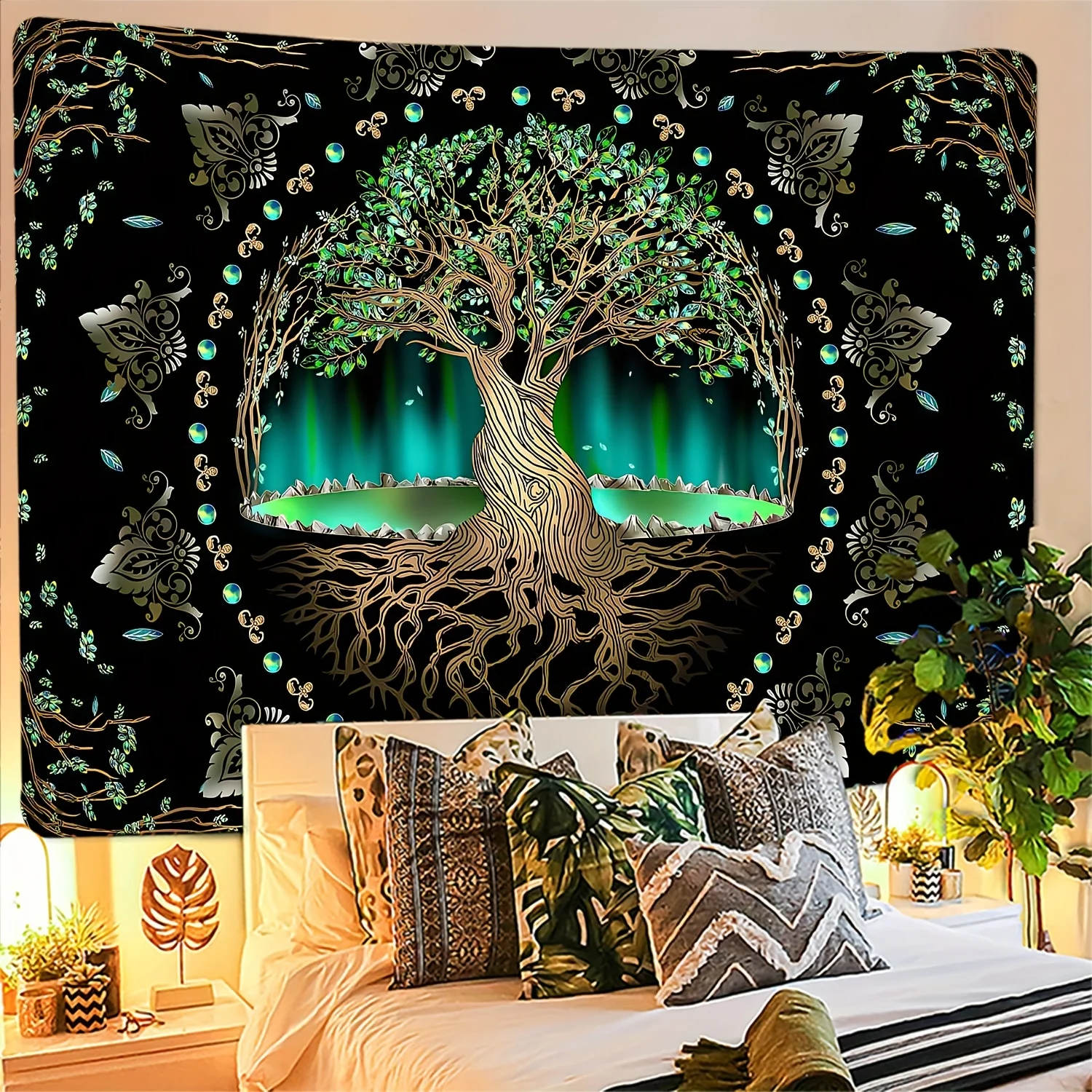 Tapestry Decor 1Pcs 75x58cm Tree of Life Tapestry BlackLight Sun Moon Stars Galaxy Colorful Hippie Psychedelic Bedroom Dorm Aesthetic