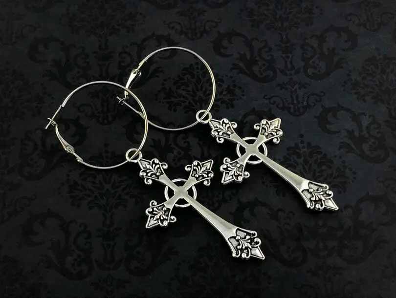 1pair Silver Cross Gothic Hoop Earrings Large Silver Cross Earrings