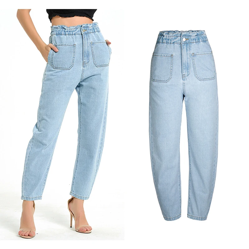 

Elastic Waist Jeans Womens High Waist Loose Wide Leg Harun Pants Daddy Denim Trousers Women
