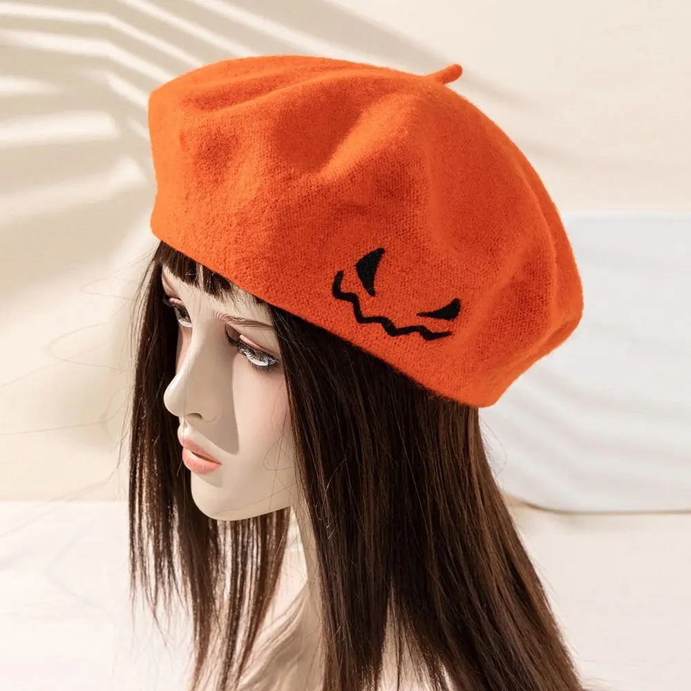 

Однотонная Кепка-берет для Хэллоуина с тыквой, винтажная шерстяная фетровая шляпа с классической вышивкой, сохраняющая тепло французские шляпы для взрослых