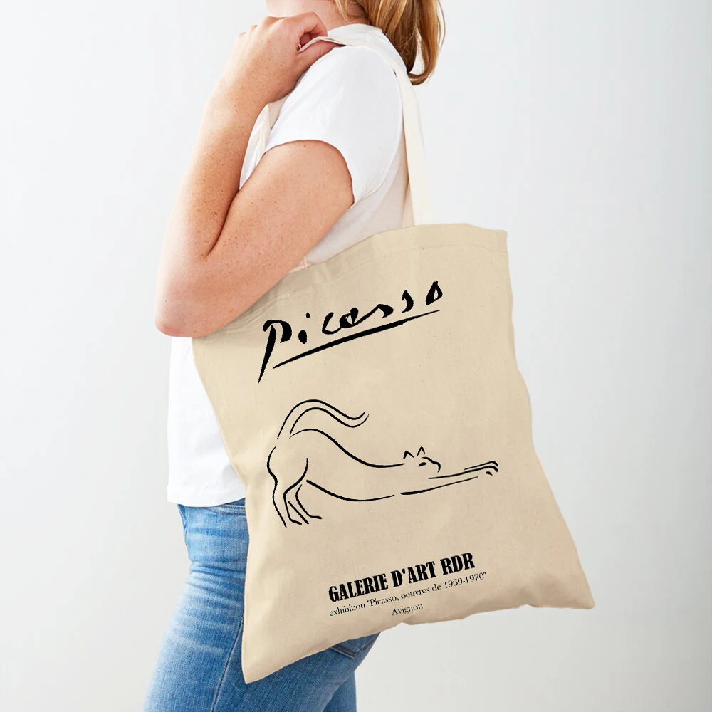 

Пабло Пикассо линия голубь Букет Кот леди тоут сумка холст женские сумки для покупок двойной печати модная сумка для покупок для супермаркета