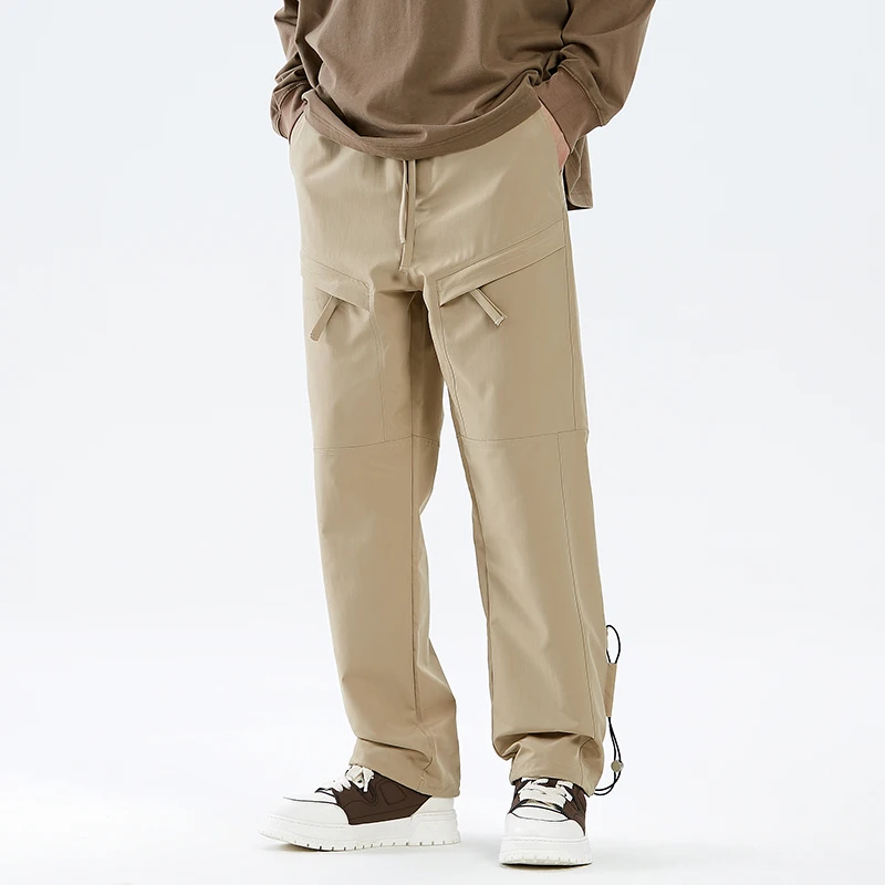 Men's Clothing Spring Autumn Pockets Drawstring Elastic High Waisted Solid Color Casual Trousers Straight England Style Pants