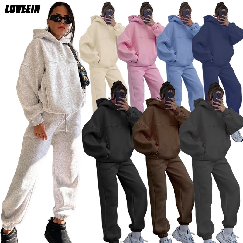 Women Hooded Tops Fleece Joggers Tracksuit Women Sportswear Winter Tracksuits 2023 Ladies Two Piece Sweatpants Yoga Sets Joggers