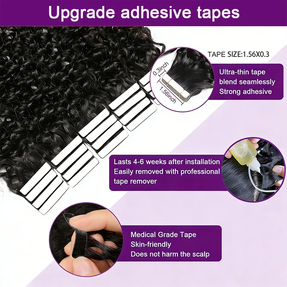 딥 웨이브 테이프 인 헤어 익스텐션 100% 브라질리언 곱슬머리 접착 테이프 인 익스텐션 여성용 천연 블랙 인모