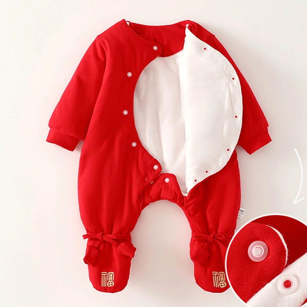 Baby Foot Romper Quilted Winter Warm Newborn Clothes Red Color Christmas Unisex Baby Jumpsuit For Boys Girls