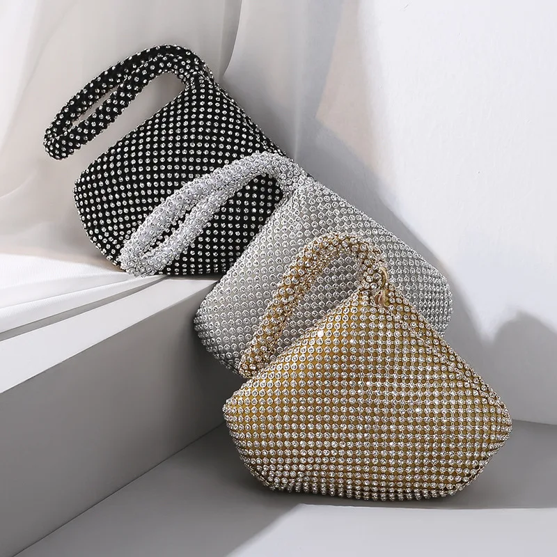 

Small Day Clutch Rhinestones Evening Bags Zipper Black Gold Silver Color For Wedding Gift Handbags Purse Diamonds Pocket Money