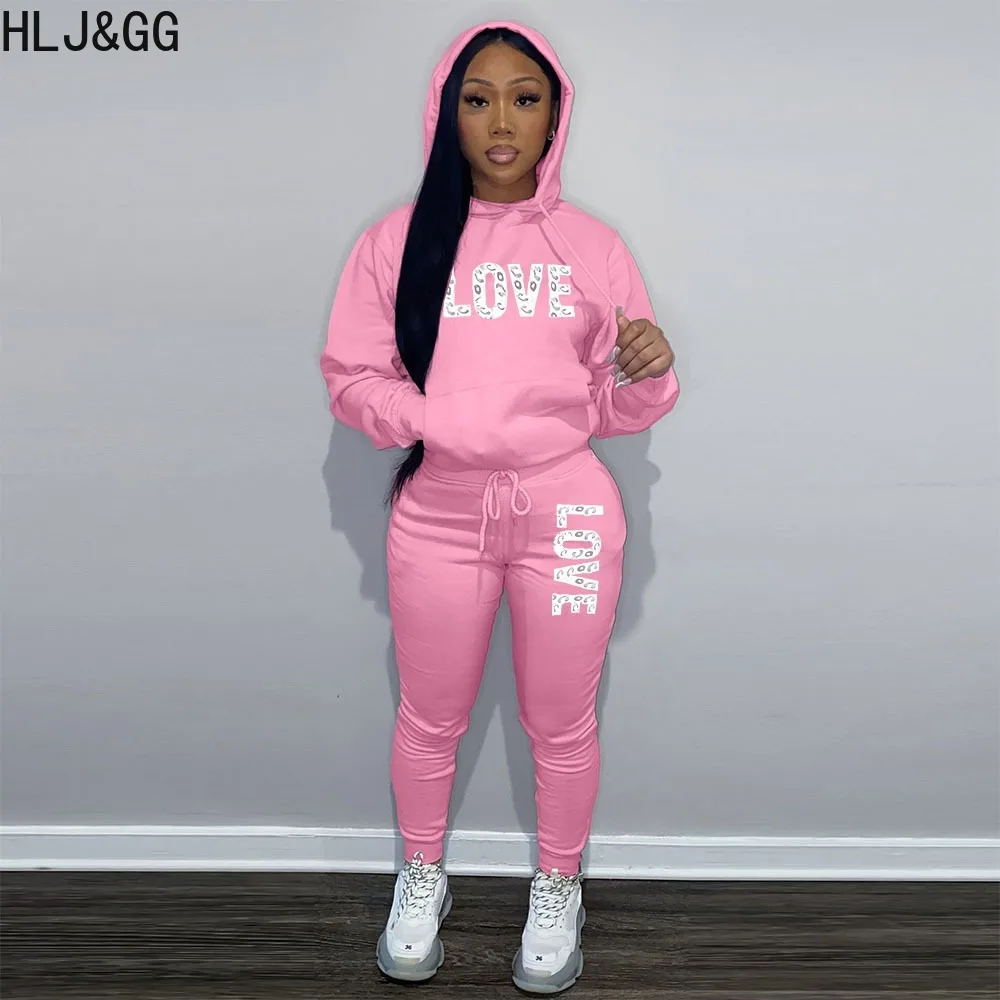 HLJ&GG Autumn Winter Casual Letter Print Hooded Tracksuits Women Long Sleeve Pocket Sweatshirts And Jogger Pants Two Piece Sets