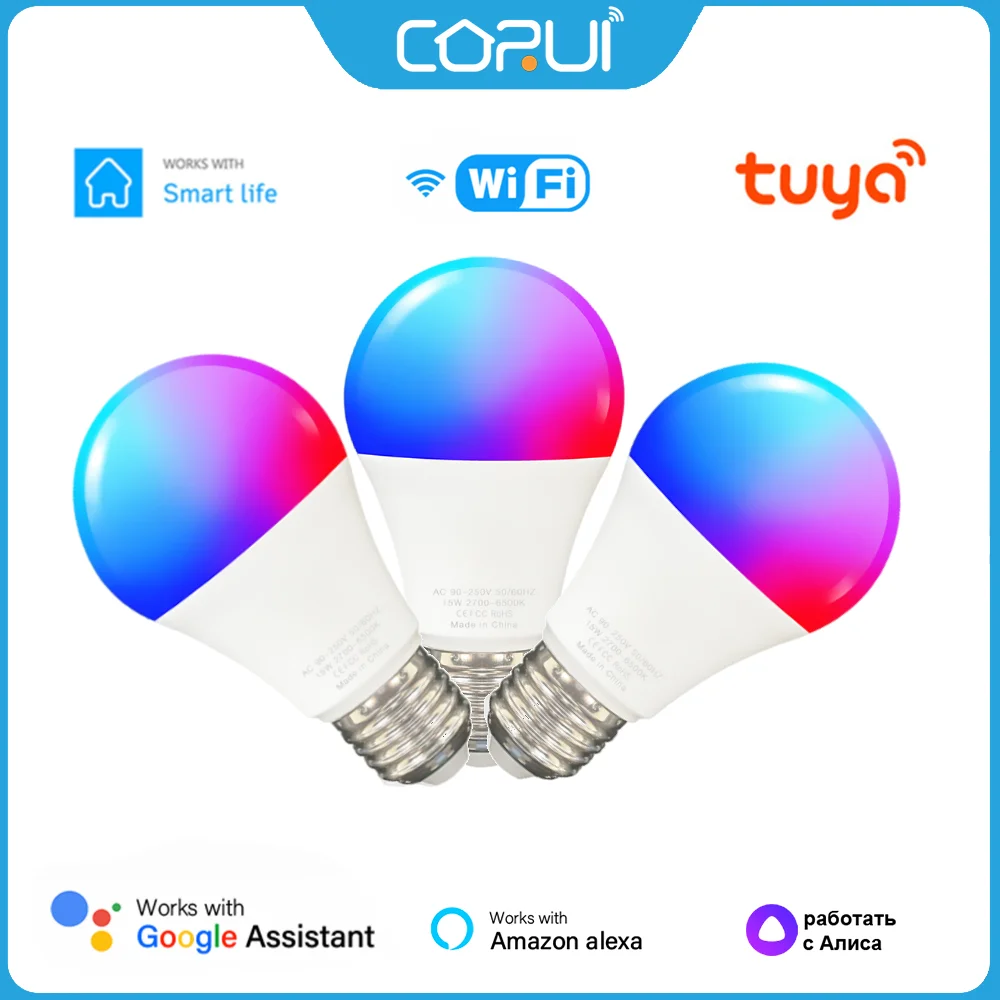 

CORUI Tuya WiFi Smart Bulb 15W Smart RGBCW LED Light Bulb E27/B22 Smart Life Dimmable Lightbulb Lamp For Alexa Google Home Alice